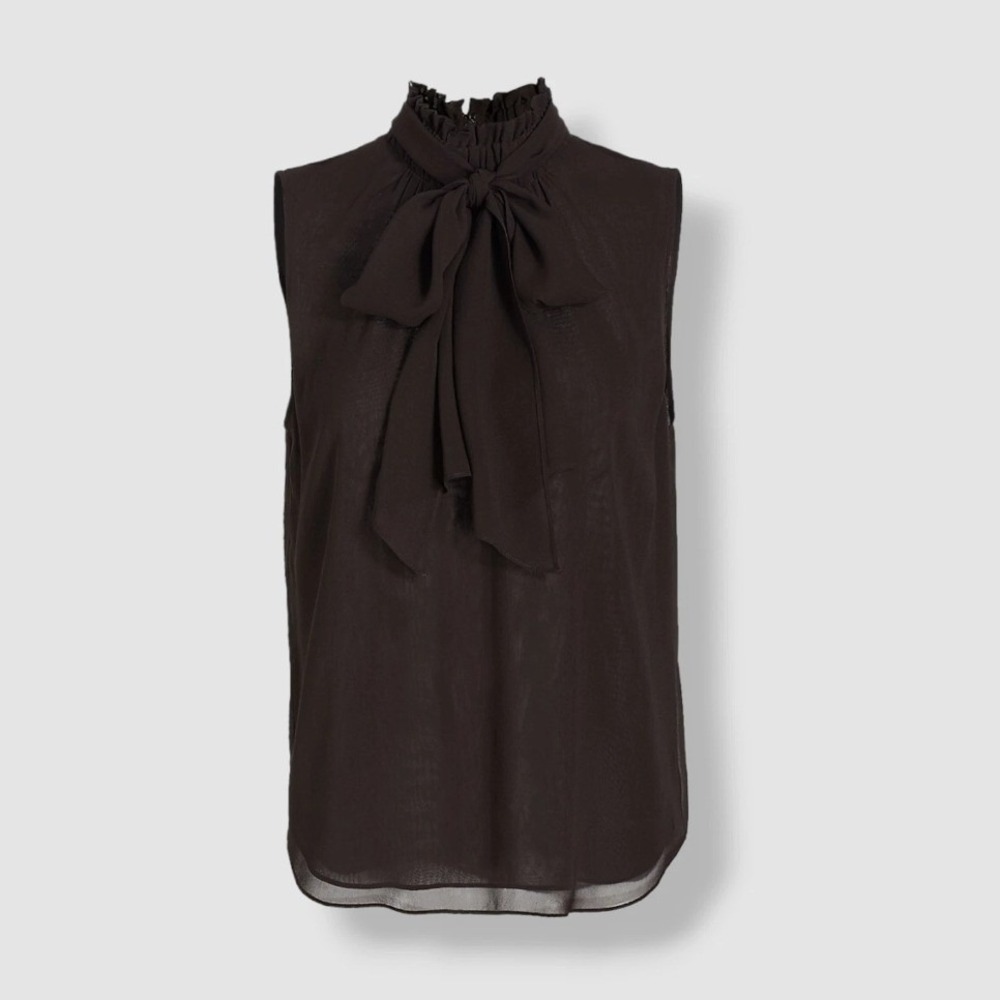 FRAME Tie Neck Sleeveless Top Womens XS Brown Silk Smocked High Neck